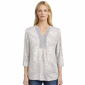 Boden Crochet Trim Tunic Blouse 100% Linen V-Neck Boho Coastal Cottage Size 10P